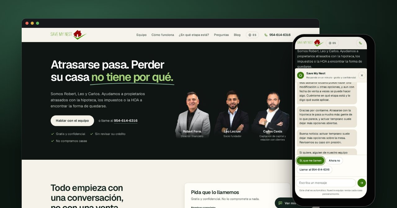 La web de Save My Nest en compu y en celular, con su asistente